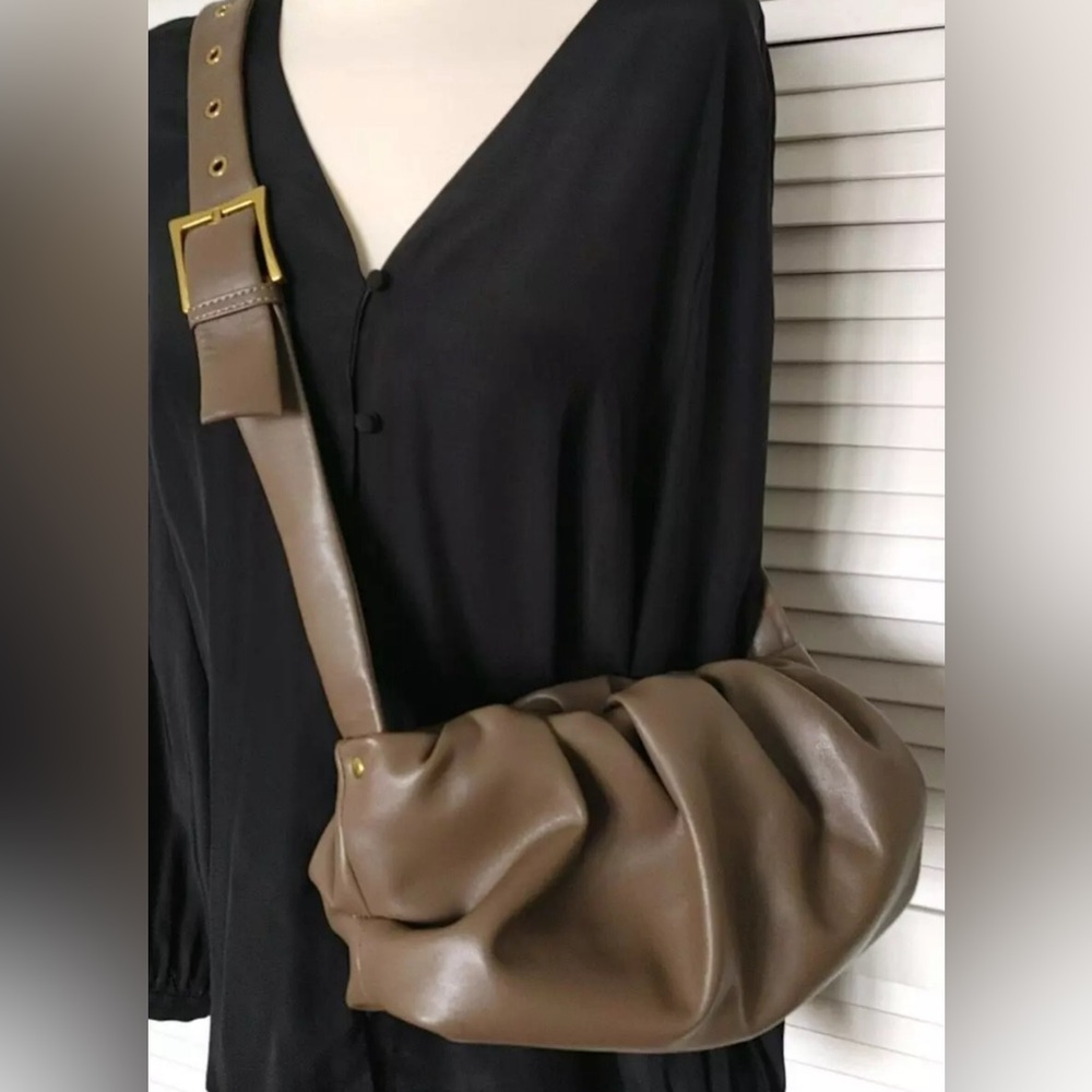 MW Most Wanted Faux Leather Shoulder Bag Taupe Ruched with Buckle Strap